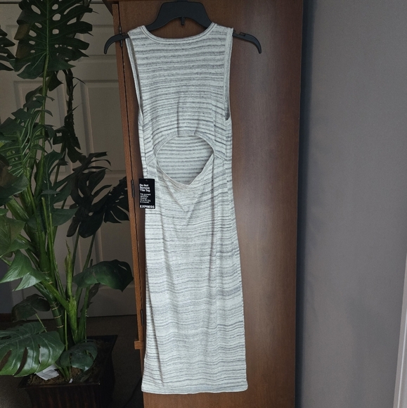 Express Body Con Open Back Grey And Off White Striped Long Dress - Picture 2 of 5